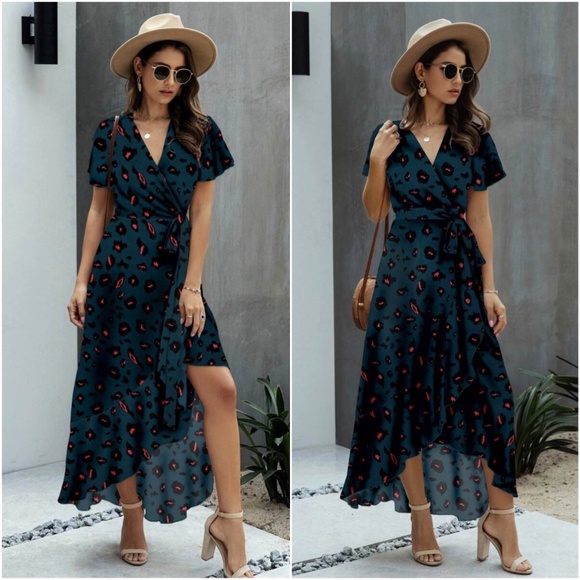 Boho leopard print wrap ruffle hem A line dress - Picture 2 of 4